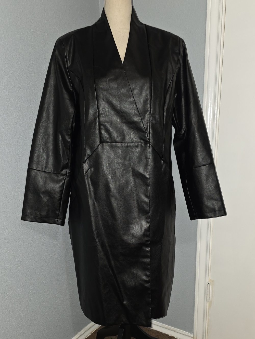 NWOT Black Faux Leather Long Coat - Women's Jacket SZ XL